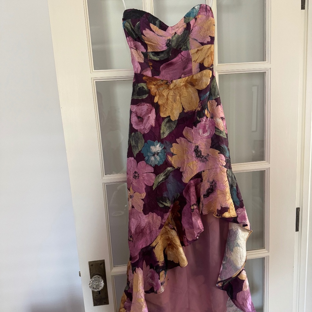 Lulus Blushing Darling Plum Multi Floral Strapless High-Low Maxi Dress